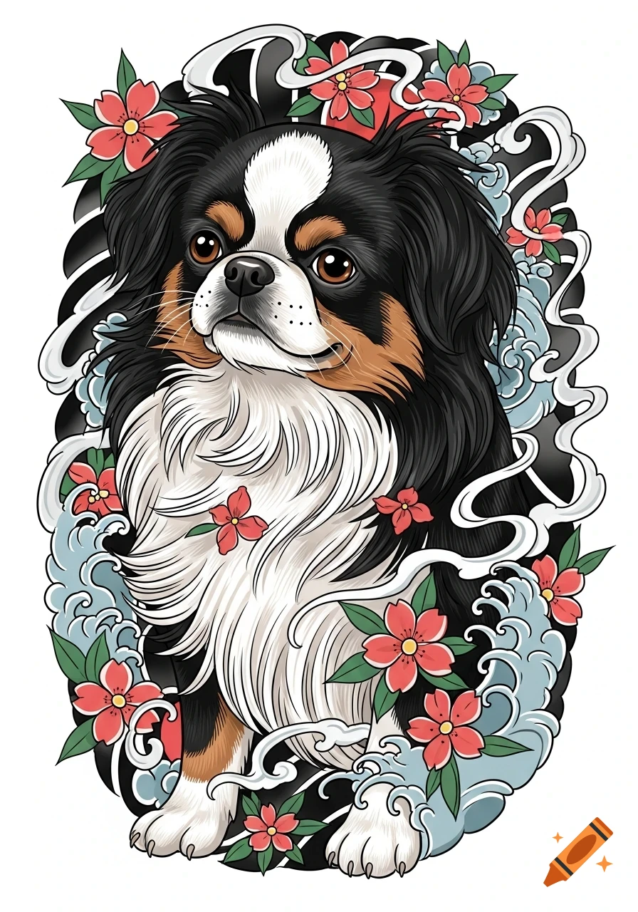 A Japanese Chin dog in neo-traditional tattoo style, surrounded by red flowers and blue waves on a black background.