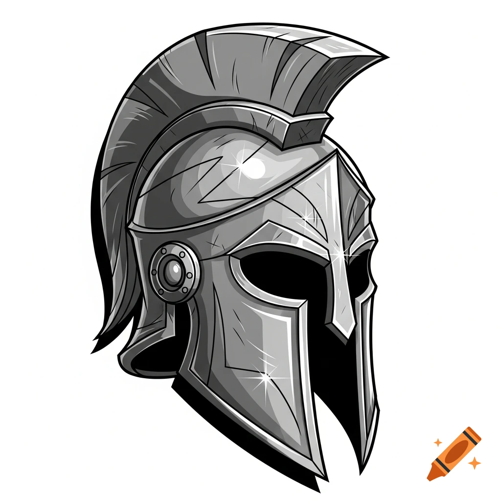 A cartoony, grey Greek helmet with a crest and edgy details, rendered in an illustration style.
