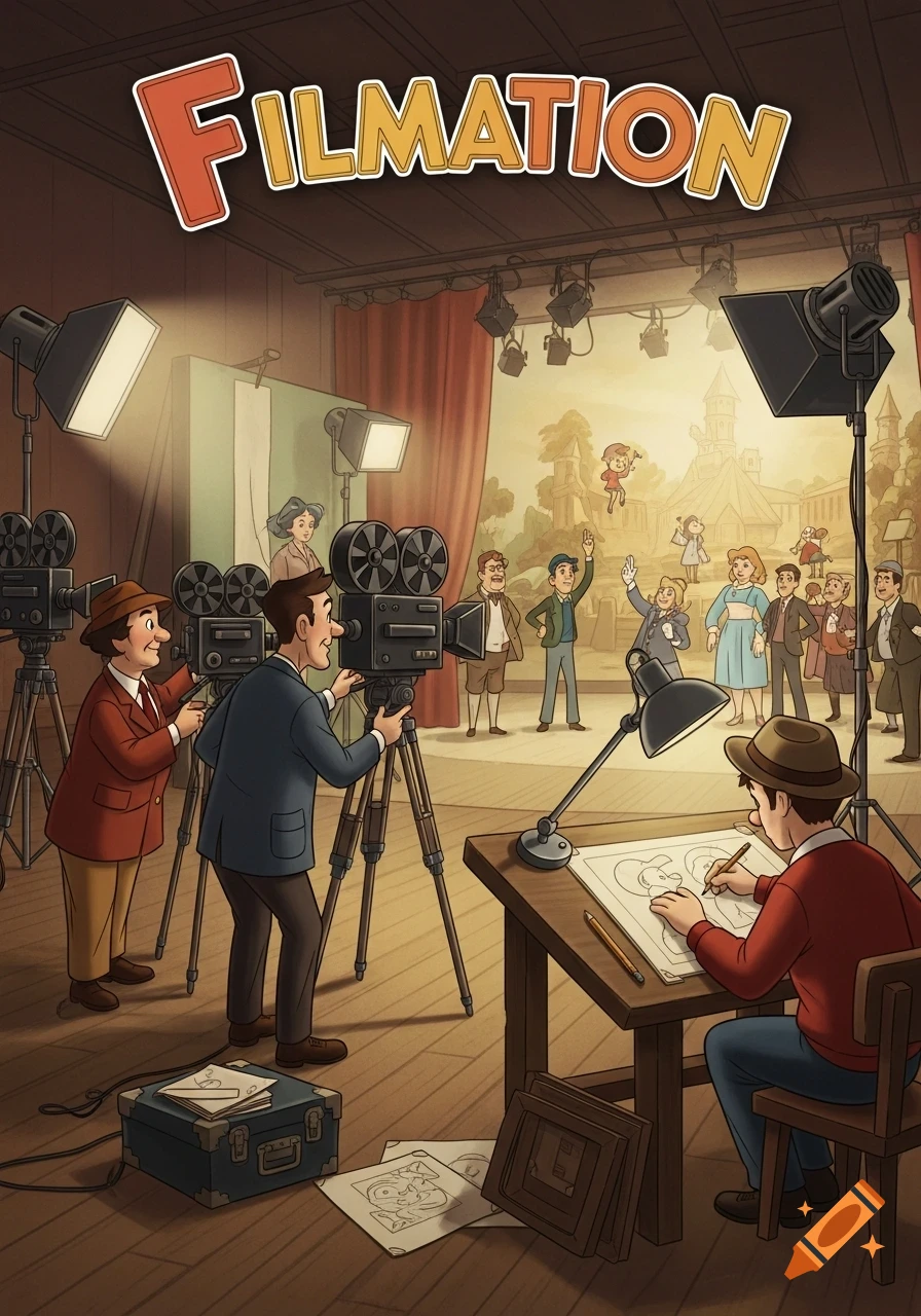 Vibrant cartoon showing a retro animation studio with filmmakers, an artist at a drawing desk, and characters on a stage.