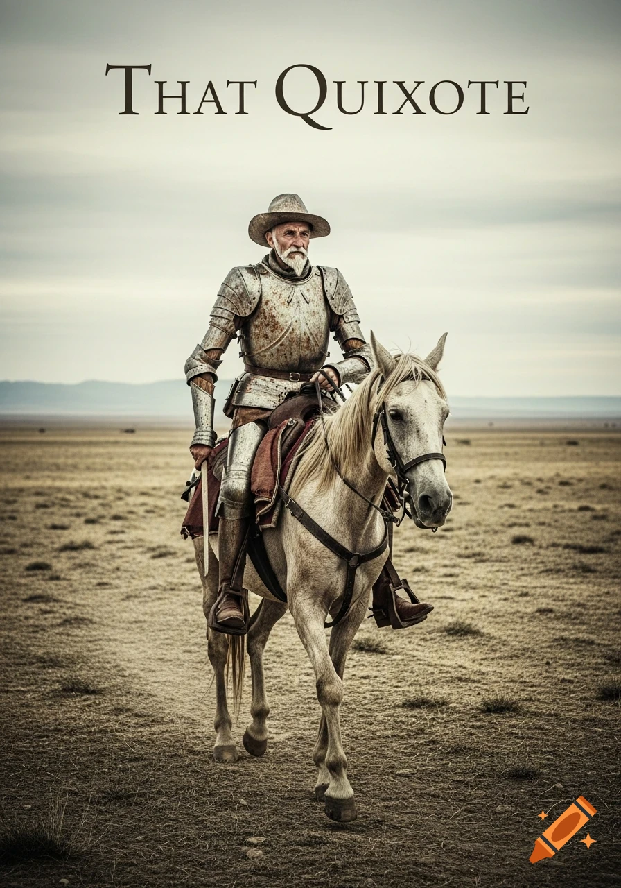 An old man in worn full plate armor and a hat rides a white horse through a dry field under an overcast sky, with 'THAT QUIXOTE' text above.
