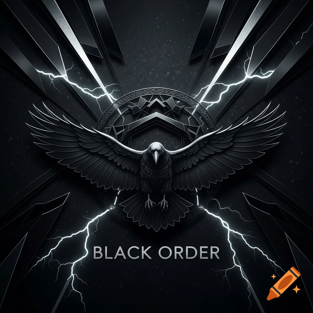 A stylized dark metal emblem with a spread-winged crow, lightning, and the text 'BLACK ORDER' against a textured black background.
