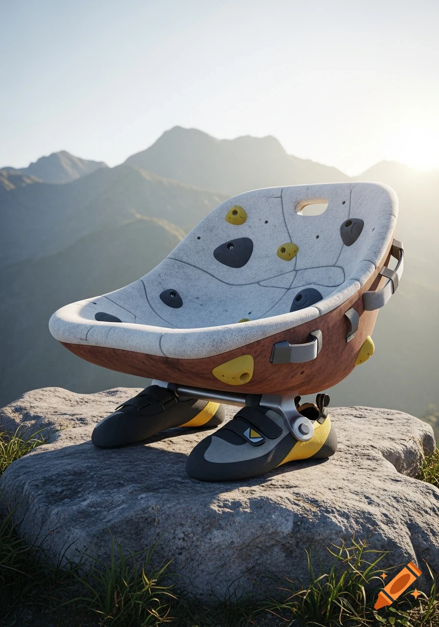 A bouldering-inspired chair with climbing holds and shoe-like legs sits on a rock outcrop overlooking mountains at sunset.