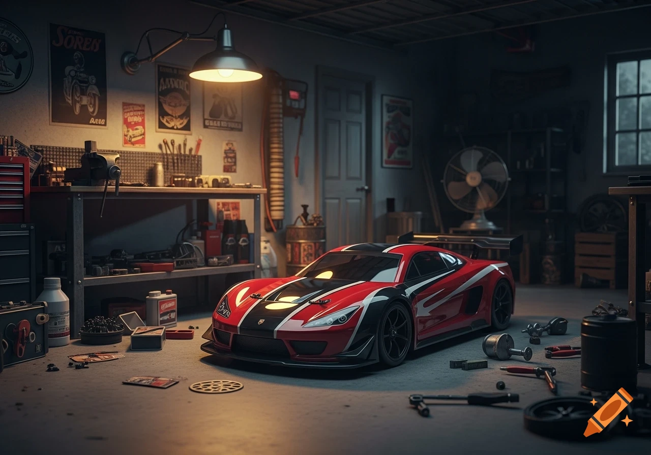 A red and black race car parked in a dimly lit garage with tools, shelves, and posters on the walls. Photorealistic style.