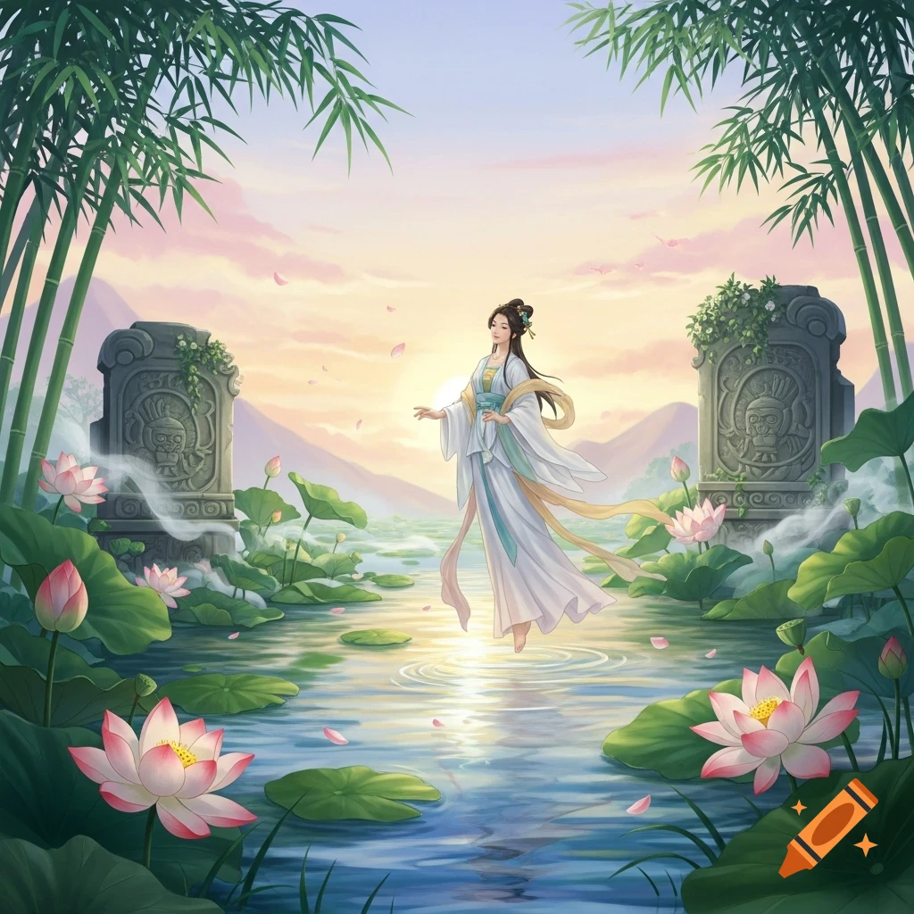A woman in white and blue traditional Chinese attire floats above a lotus pond at sunset, framed by bamboo and ancient stone structures.