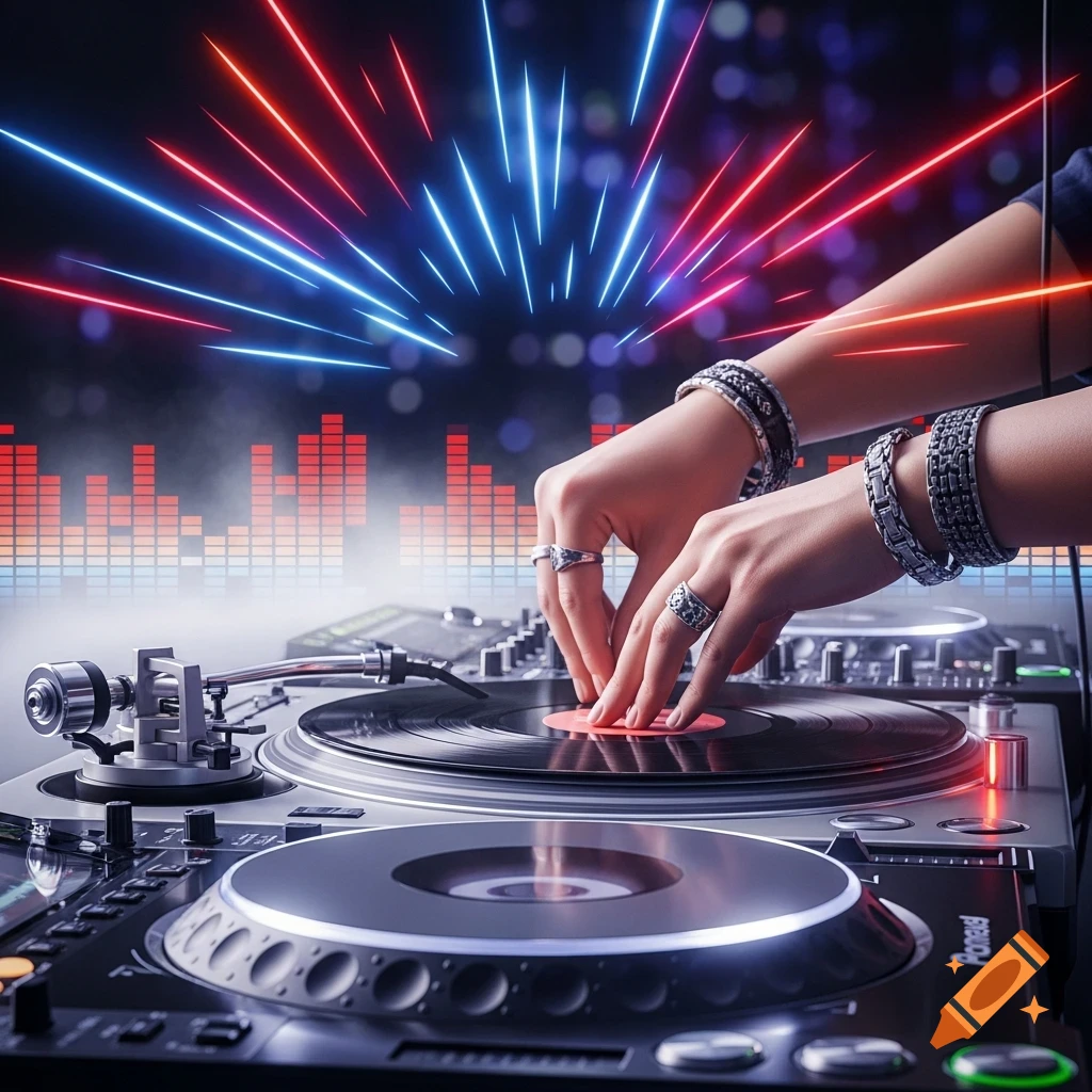 Close-up of a DJ's hands scratching a record on turntables, with dynamic red and blue neon lights and equalizer bars in the background.