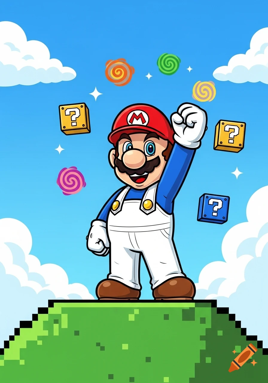 Cartoon Mario with a blue shirt and white overalls stands on a pixelated green hill, fist raised, under a blue sky with clouds, floating question mark blocks, and swirl items.