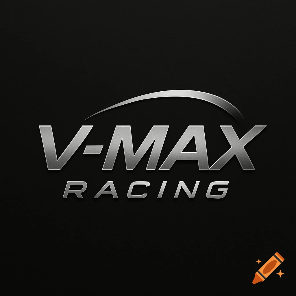 Metallic silver V-MAX RACING logo with a subtle curved line above, set against a dark, textured background.