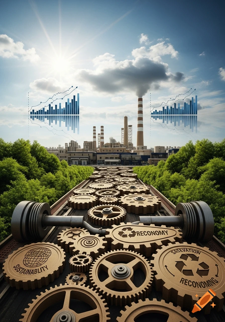 A road of gears, some labeled 'SUSTAINABILITY' and 'RECONOMY', leads to a factory under a sunny sky with bar graphs floating above, depicting industrial growth.