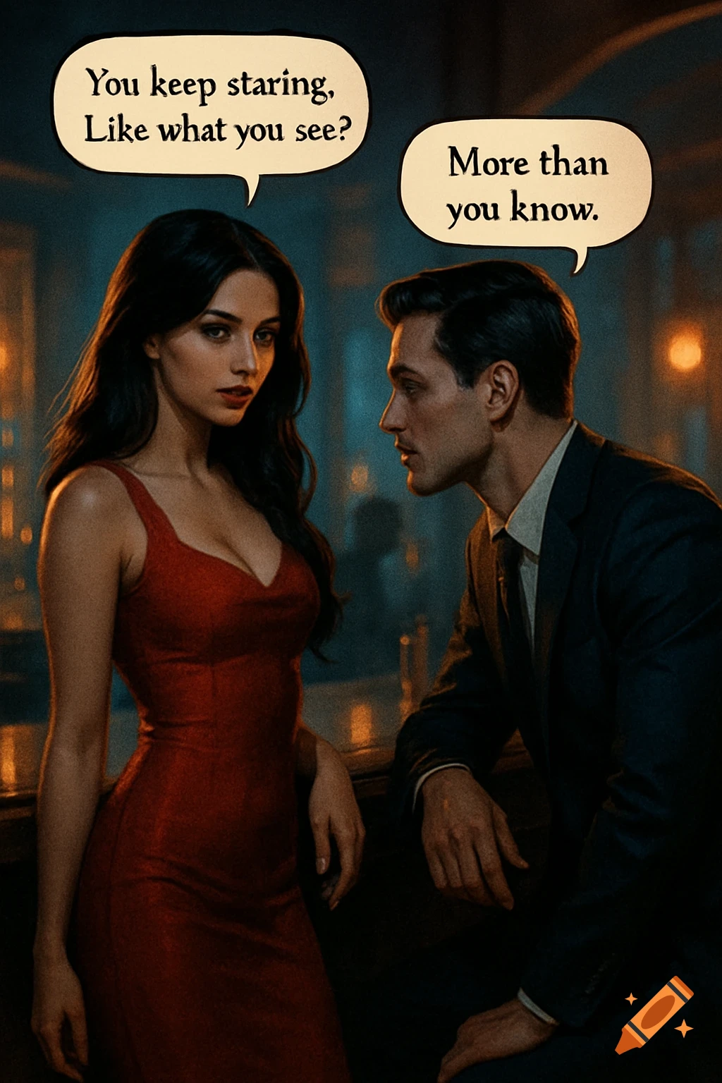 A man in a suit gazes at a woman in a red dress in a dimly lit bar, with speech bubbles suggesting flirtation.