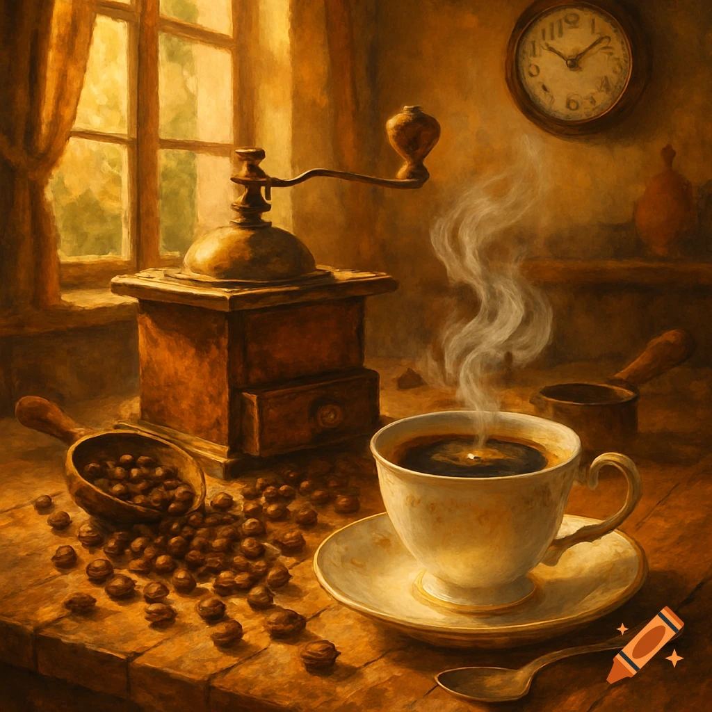 Painterly still life of a steaming cup of coffee next to a vintage grinder, scattered beans, and a window in a warm-toned room.
