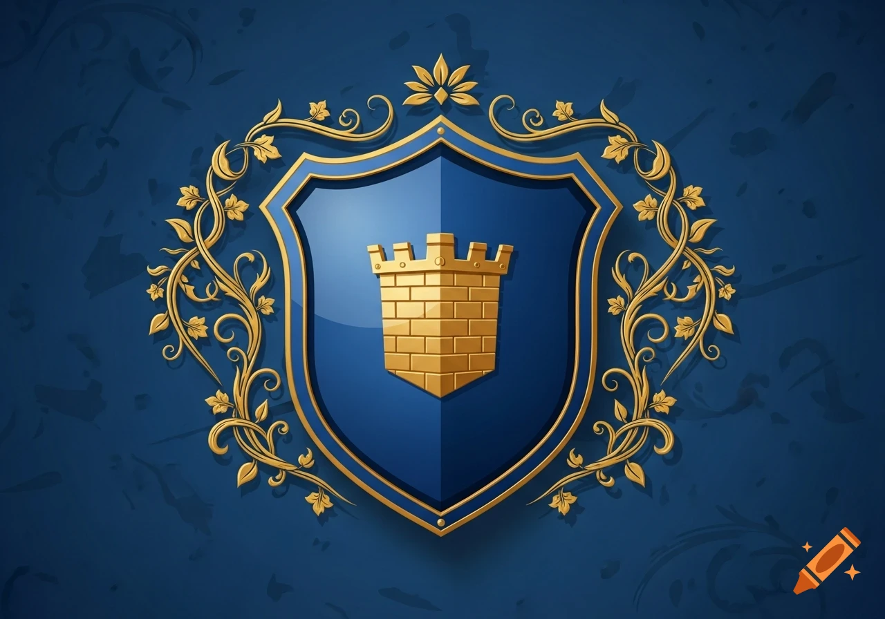 A royal blue shield with a golden castle battlement emblem, surrounded by ornate gold filigree on a patterned blue background.