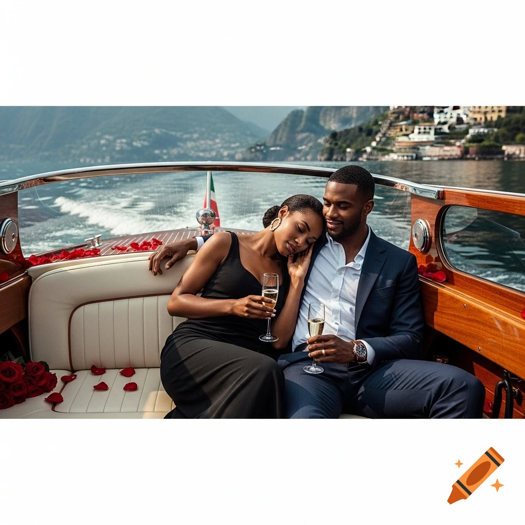 A romantic couple on a luxury wooden motorboat, holding champagne glasses amidst rose petals, with a scenic lake and mountains.