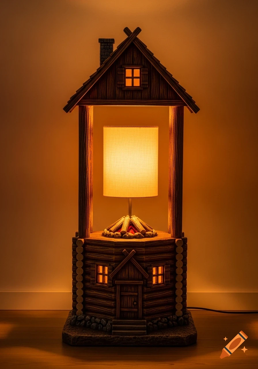 A rustic standing lamp designed as a log cabin with a glowing lampshade and faux campfire logs, on a wooden floor.
