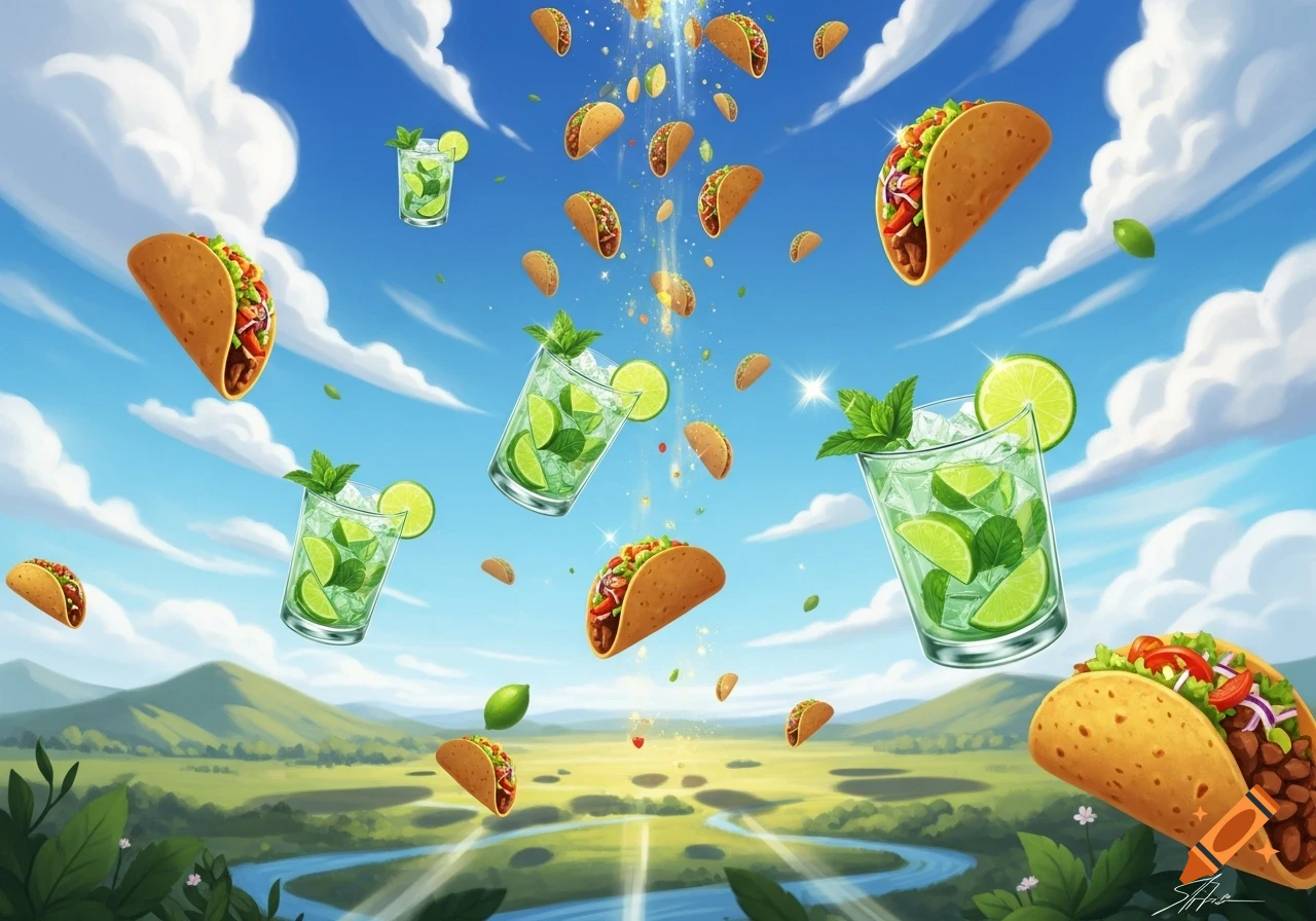 Tacos and mojitos rain down from a bright blue sky with clouds onto a vibrant green landscape with hills and a river, in a whimsical, colorful style.