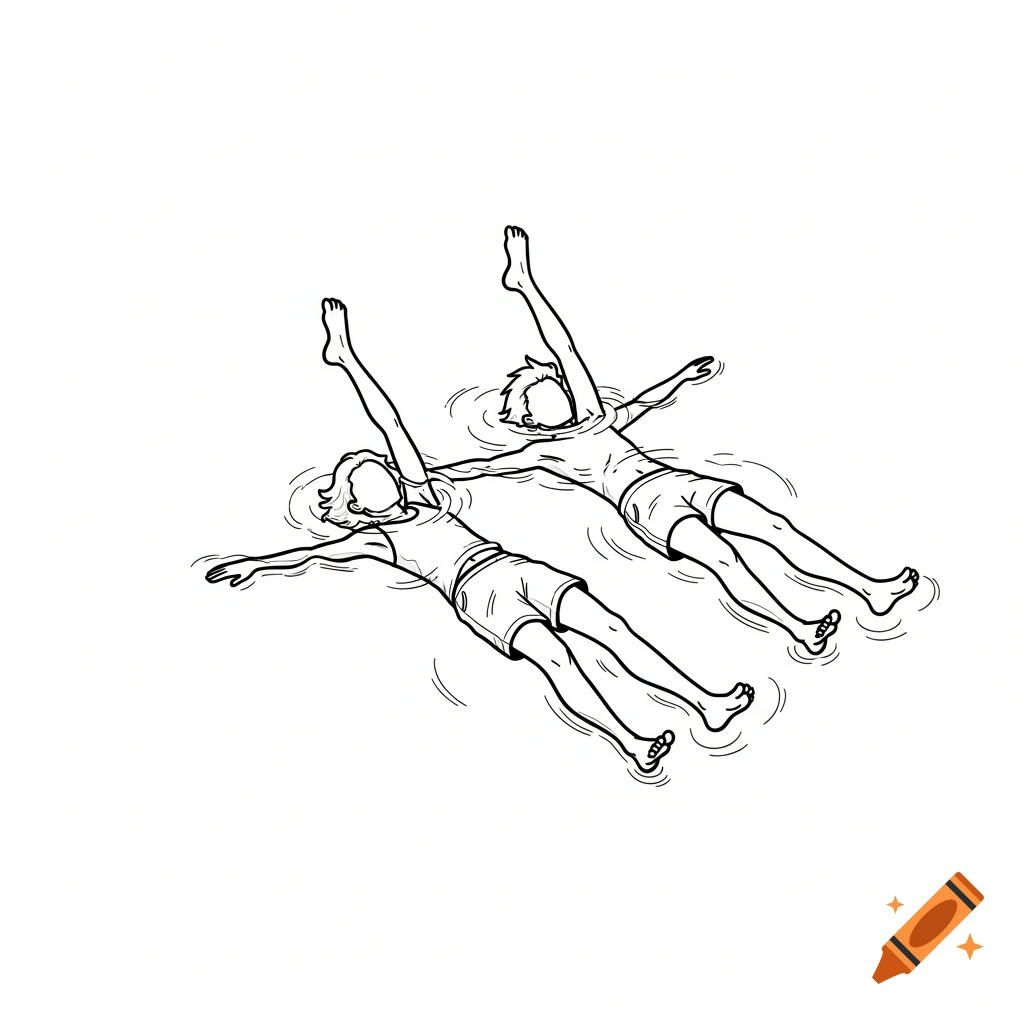Minimal outline drawing of two friends floating on their backs in the ocean, one leg raised, in a comic book style.
