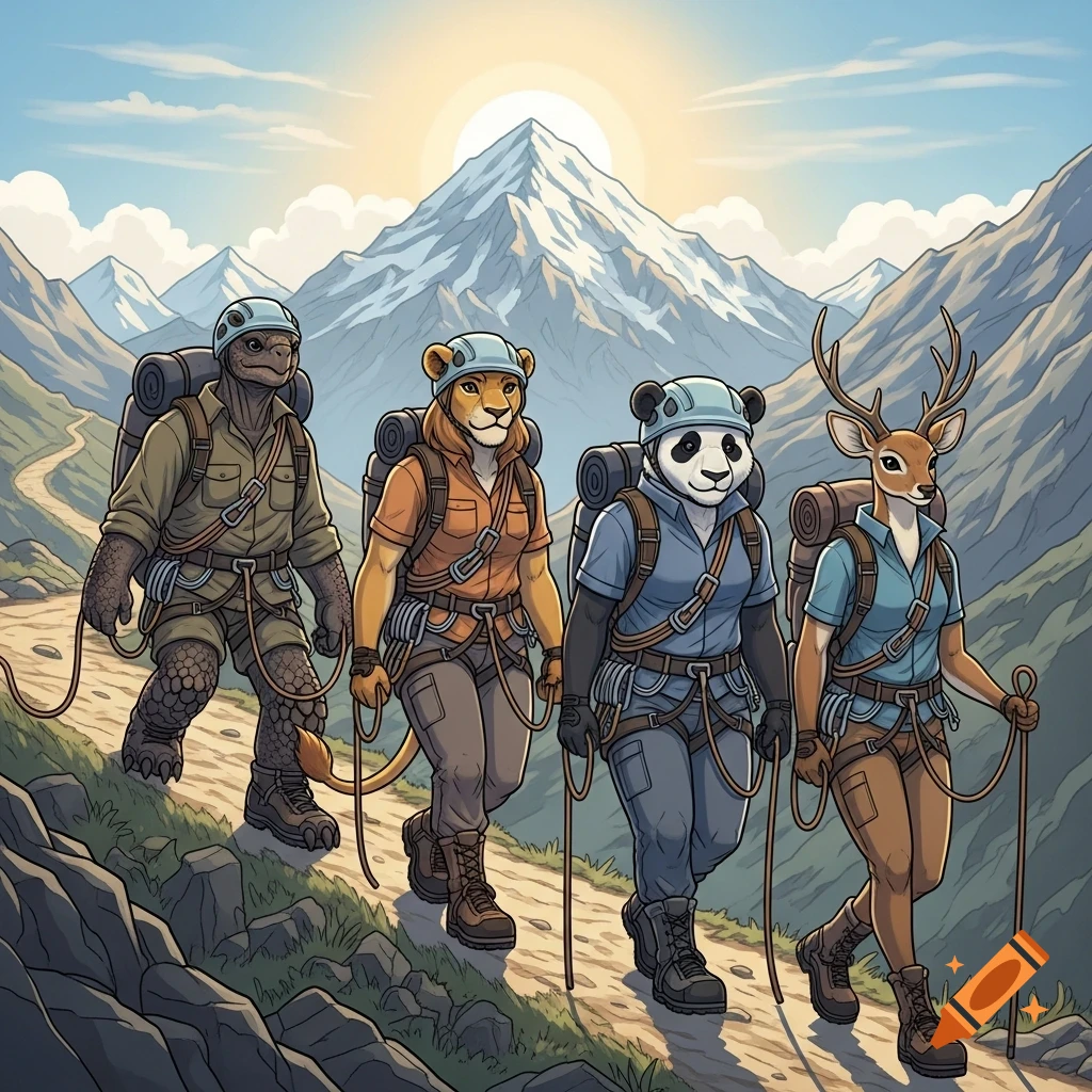 Four anthropomorphic animals (tortoise, lioness, panda, deer) in hiking gear on a mountain path under a sunny sky.
