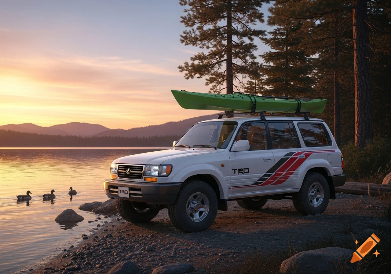 White SUV with a green kayak on its roof, parked by a lake with ducks at sunset, surrounded by pine trees and mountains.
