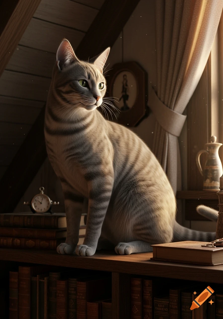 A photorealistic gray tabby cat with green eyes sits on a wooden bookshelf, bathed in sunlight from a window, in a cozy attic room.