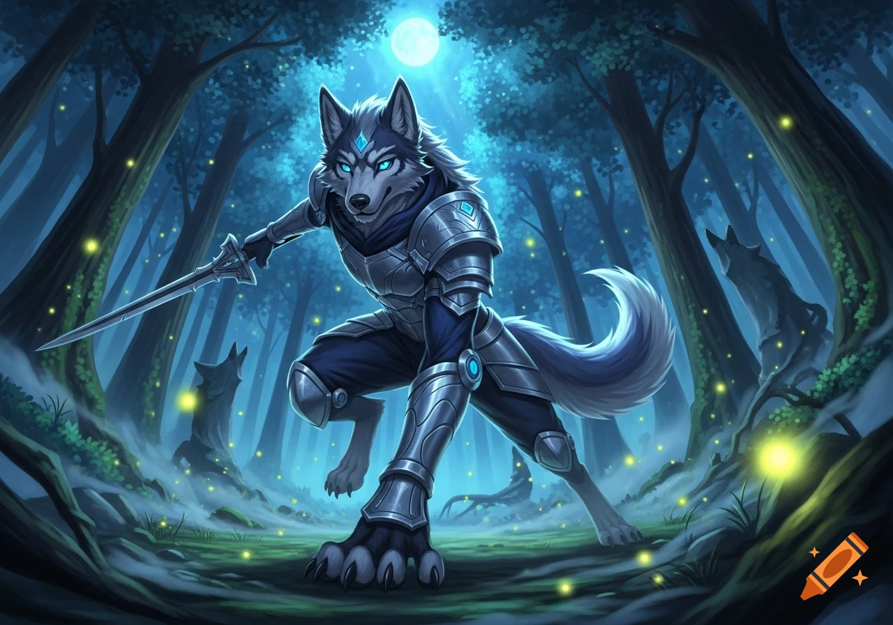 An anthropomorphic wolf in gleaming armor wields a sword in a moonlit fantasy forest with glowing fireflies. Anime style.