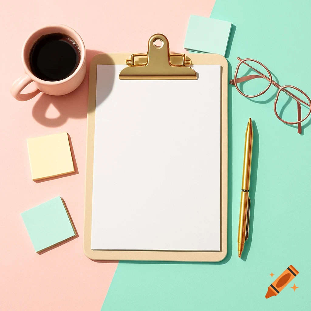 Flat lay of a blank clipboard, pink coffee cup, gold pen, glasses, and pastel sticky notes on a pink and mint background.