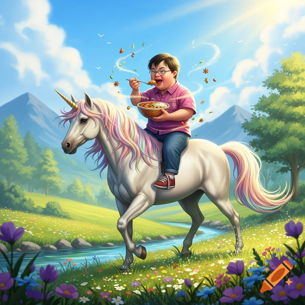 A joyful child with Down syndrome rides a magical white unicorn with a rainbow mane through a sunny meadow, eating curry from a bowl.