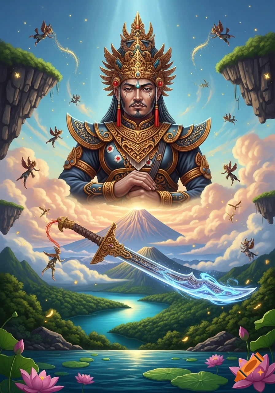 A divine warrior god in golden crown and ornate armor stands above a surreal heavenly landscape with a glowing sword, floating islands, mountains, a lake, and lotus flowers.
