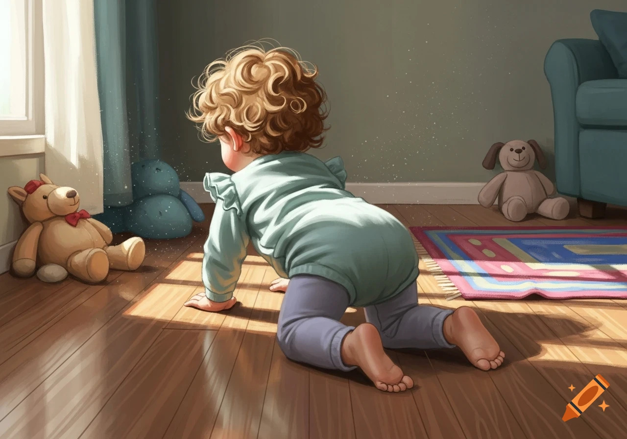 A curly-haired baby crawls on a sunlit wooden floor, looking away from the camera, with a teddy bear and other toys nearby.