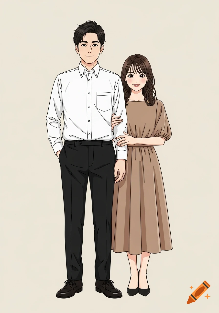 Anime style full-body illustration of a smiling Japanese couple on a beige background. The man wears a white shirt and black pants, while the woman wears a light brown dress.