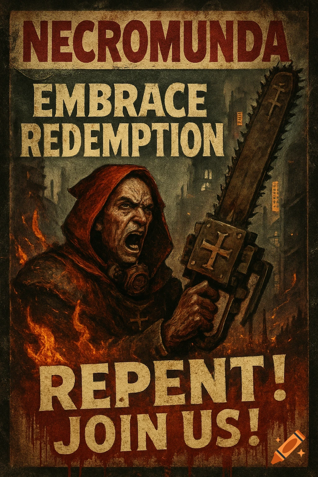 A gritty propaganda poster features an angry man in a red robe with a respirator, holding a large chainsaw, with flames around him. Text reads "NECROMUNDA EMBRACE REDEMPTION REPENT! JOIN US!"