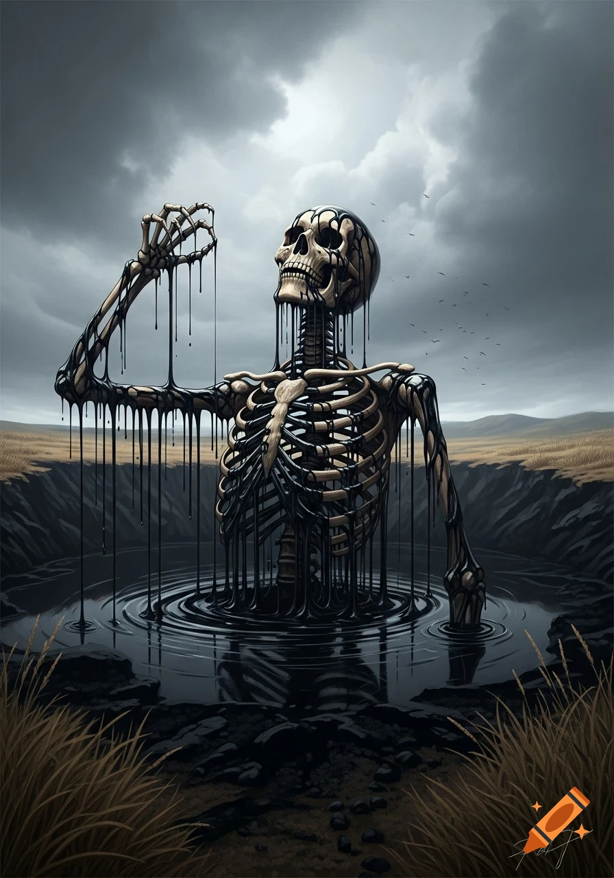 A giant human skeleton, covered in black tar dripping off its bones, rises from a tar pit in a desolate, cloudy landscape.