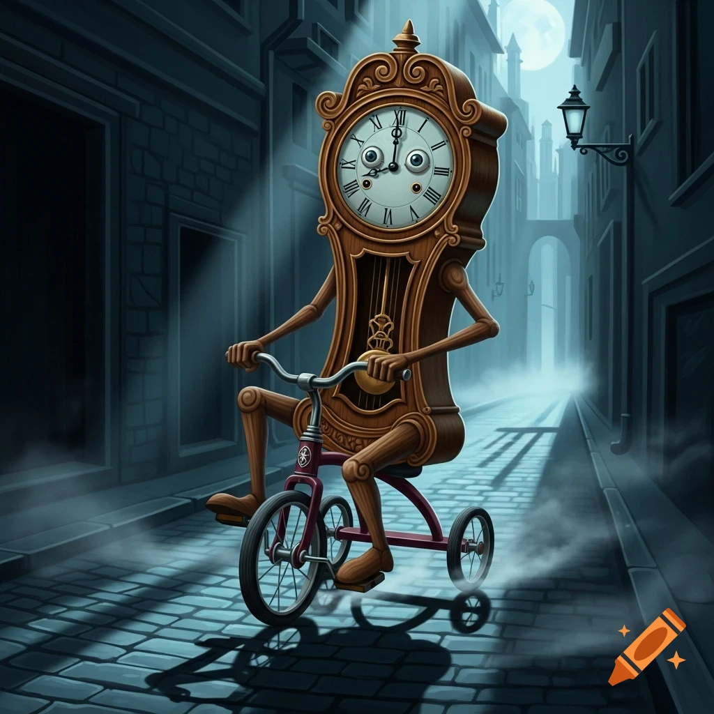 A whimsical grandfather clock with a face, arms, and legs rides a red tricycle down a dark, misty alleyway under a full moon.