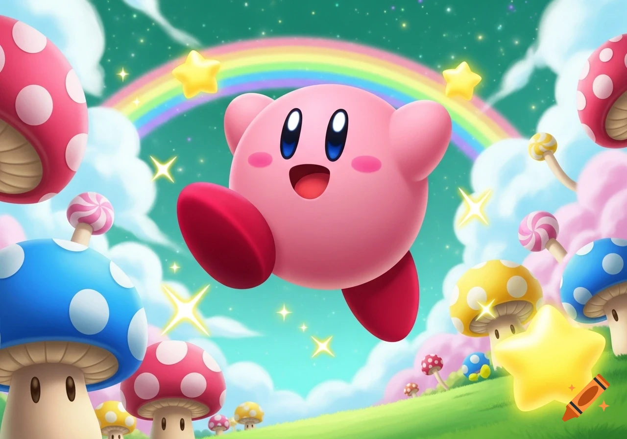 Happy pink Kirby floats in a whimsical landscape with colorful spotted mushrooms, stars, clouds, and a rainbow.