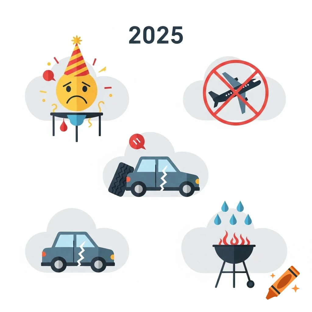 Flat style icons representing a sad party emoji, a no-flight sign, two broken cars, and rain on a barbecue, with '2025' at the top.