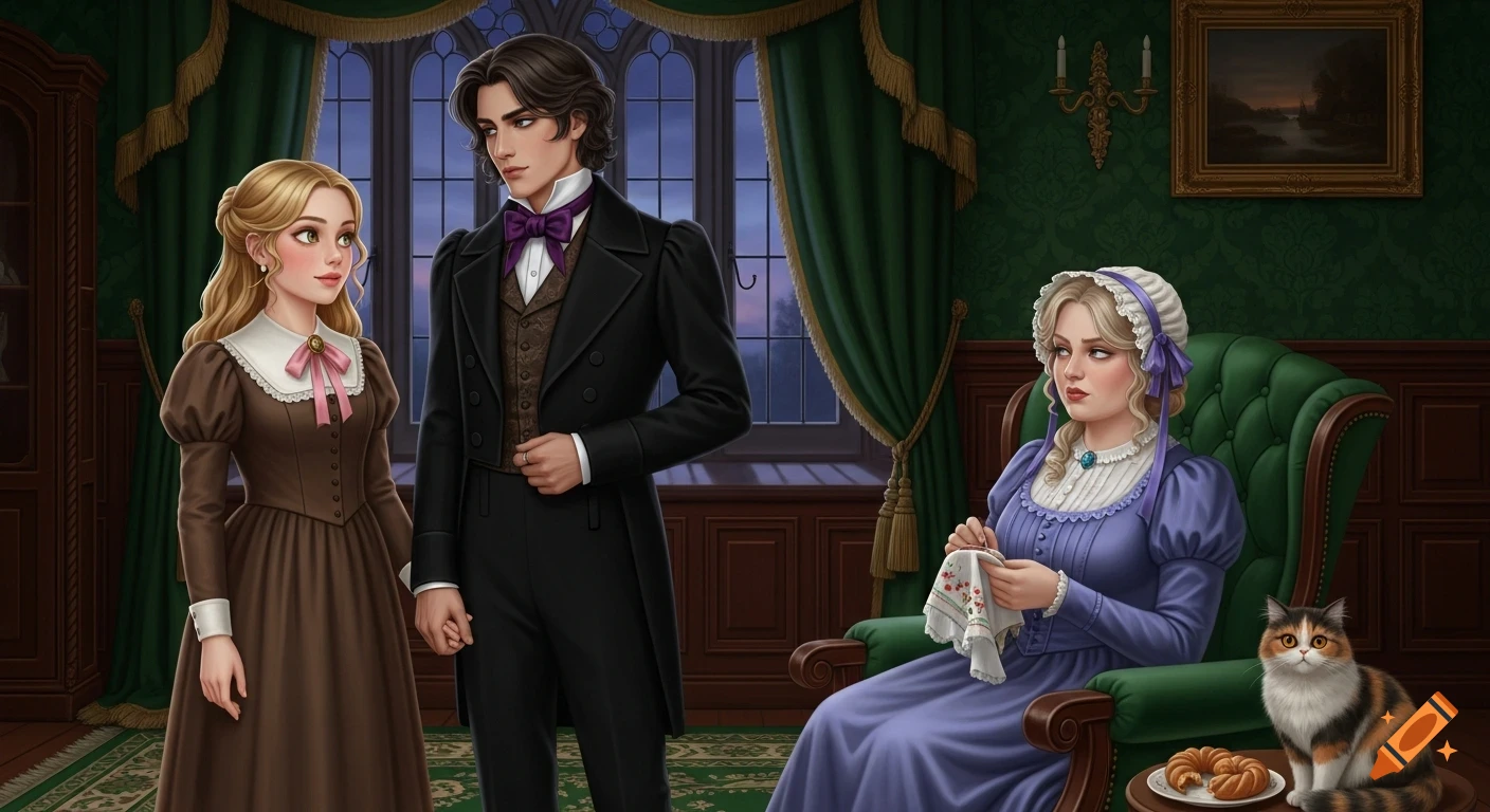 A young couple gazes at each other in a Victorian drawing-room while a woman embroiders and a cat sits on a table, in an oil painting style.