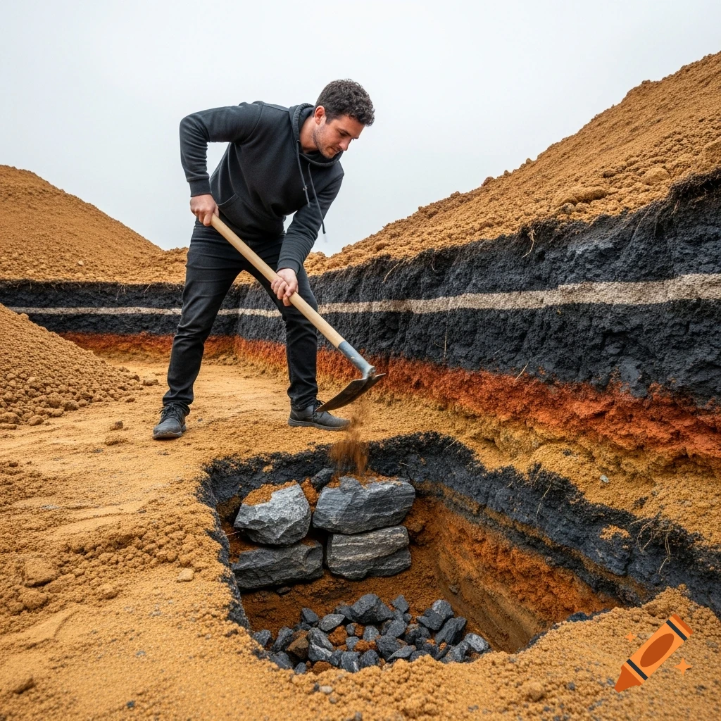 A man digs into multi-layered earth, revealing different soil colors and rocks, under an overcast sky.