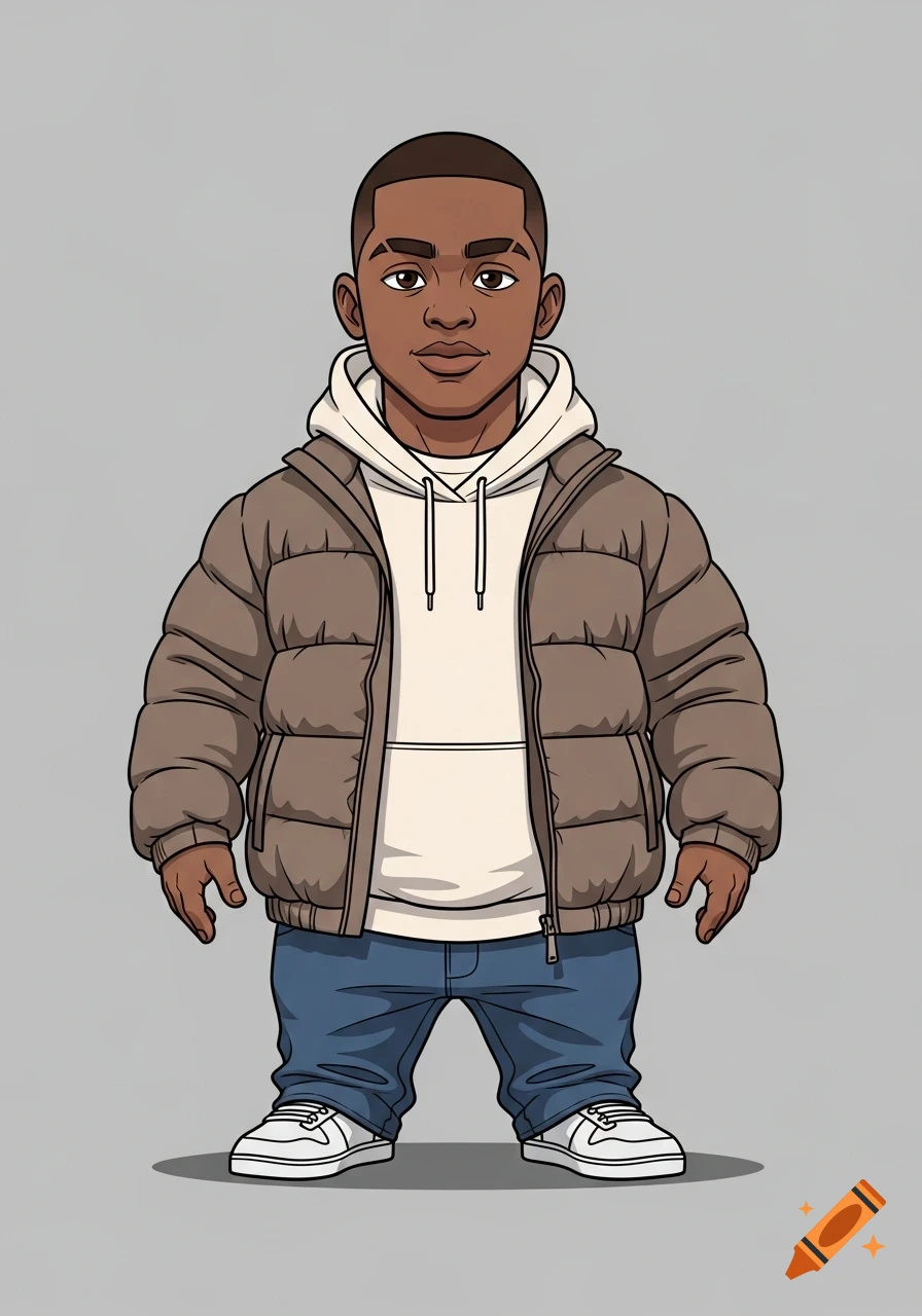 A 2D cartoon character of a Black man with dwarfism, wearing a brown puffer jacket, white hoodie, blue jeans, and white sneakers, on a grey background.