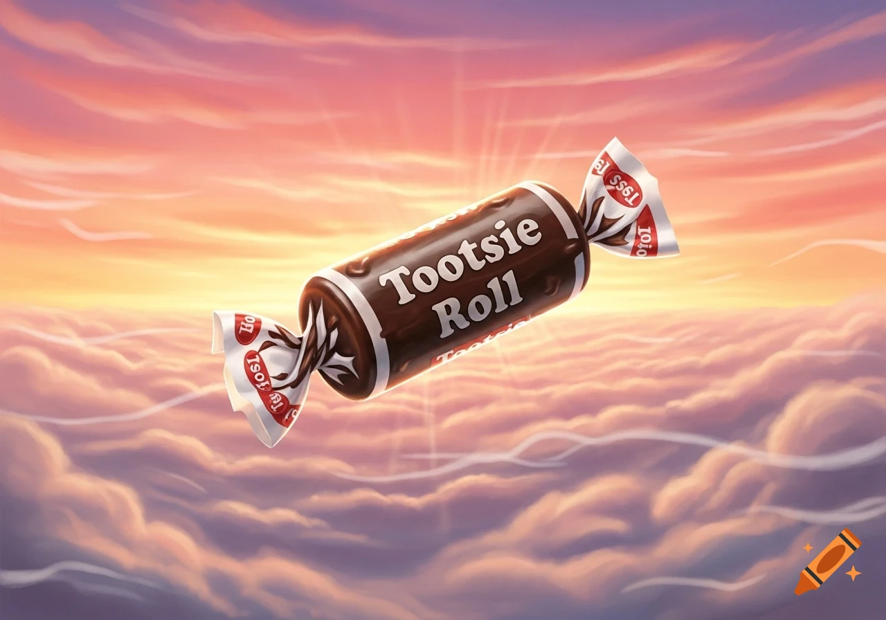 A Tootsie Roll candy floats amidst fluffy clouds at sunset, with a vibrant orange and purple sky.