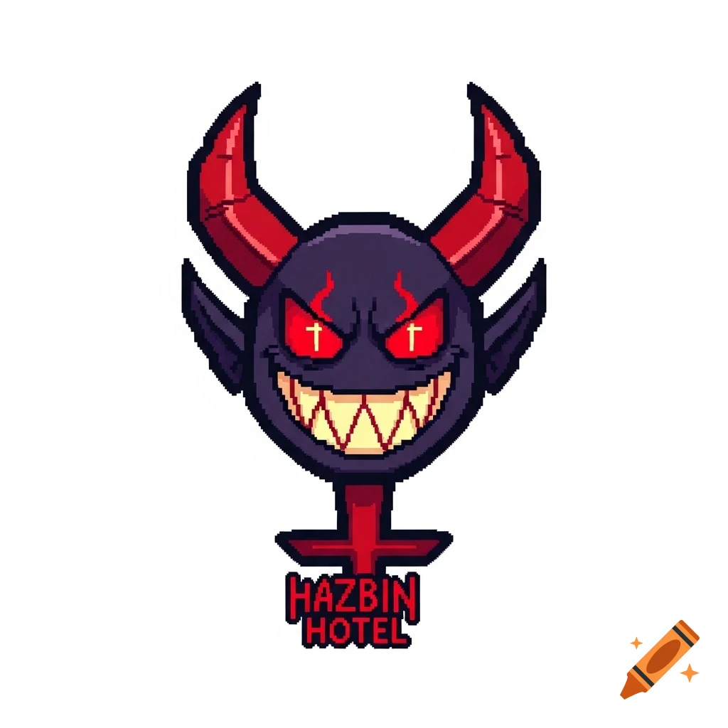 An 8-bit pixel art logo of a smiling purple demon head with red horns and glowing red eyes, above the text "HAZBIN HOTEL".