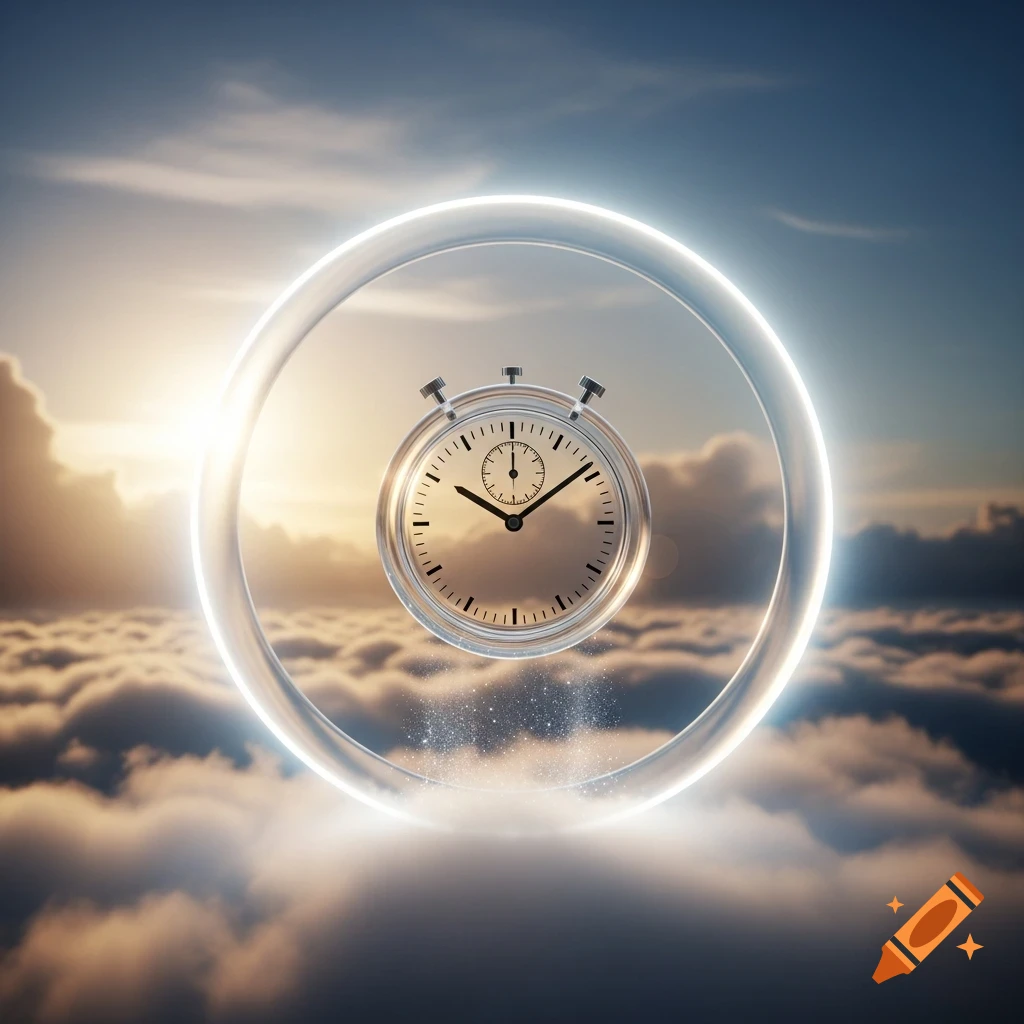 A metallic stopwatch within a glowing halo floats above clouds at sunset.