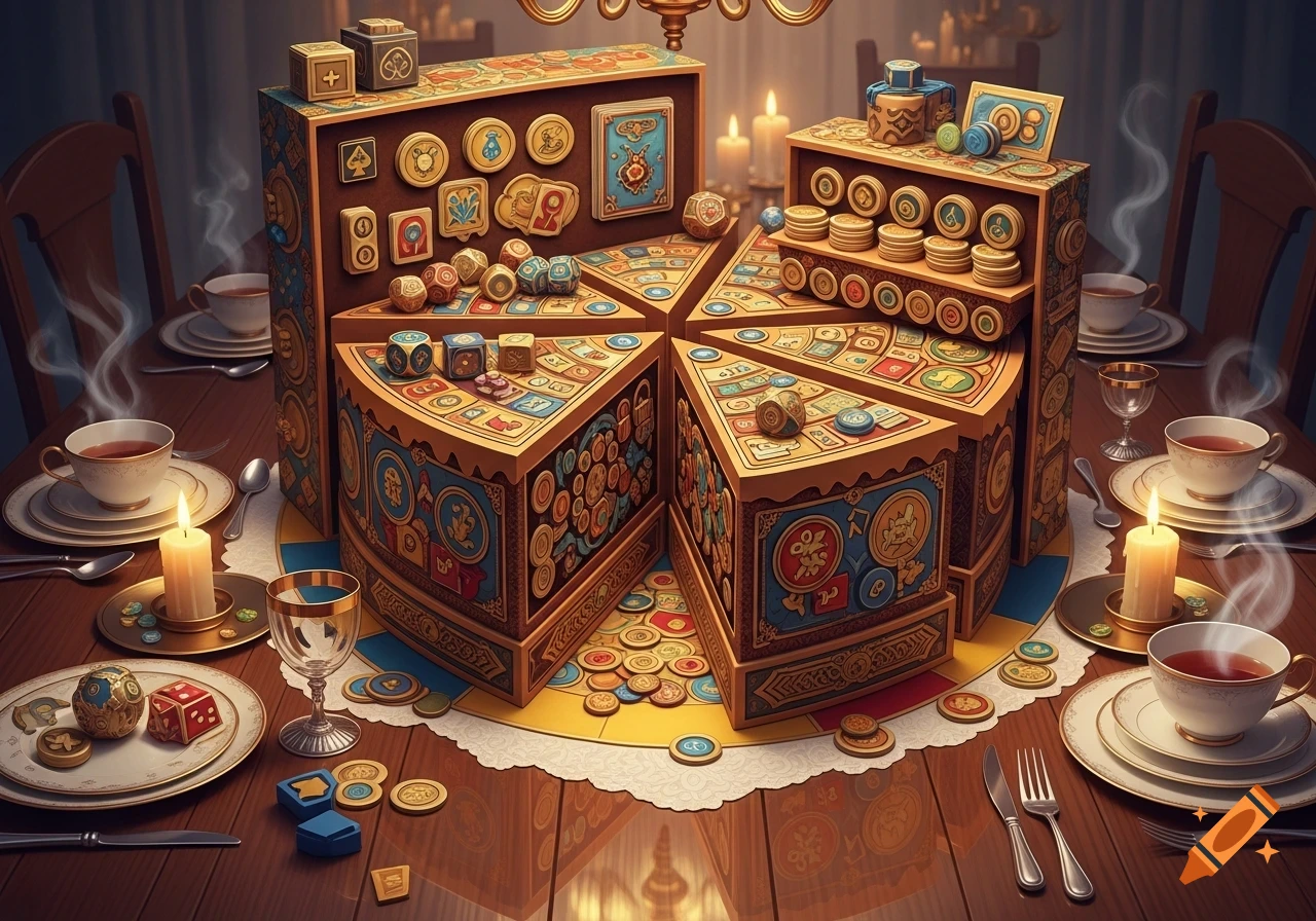 An elaborate fantasy board game shaped like a cake, adorned with gold and blue designs, surrounded by game pieces, tea, and candles on a wooden table.