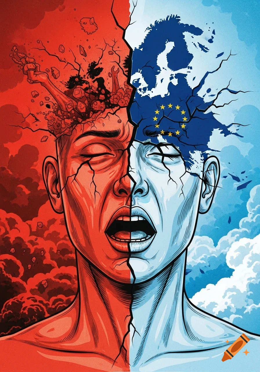 Graphic illustration of a screaming head split vertically; left side red with chaos, right side blue with a cracking map of Europe.