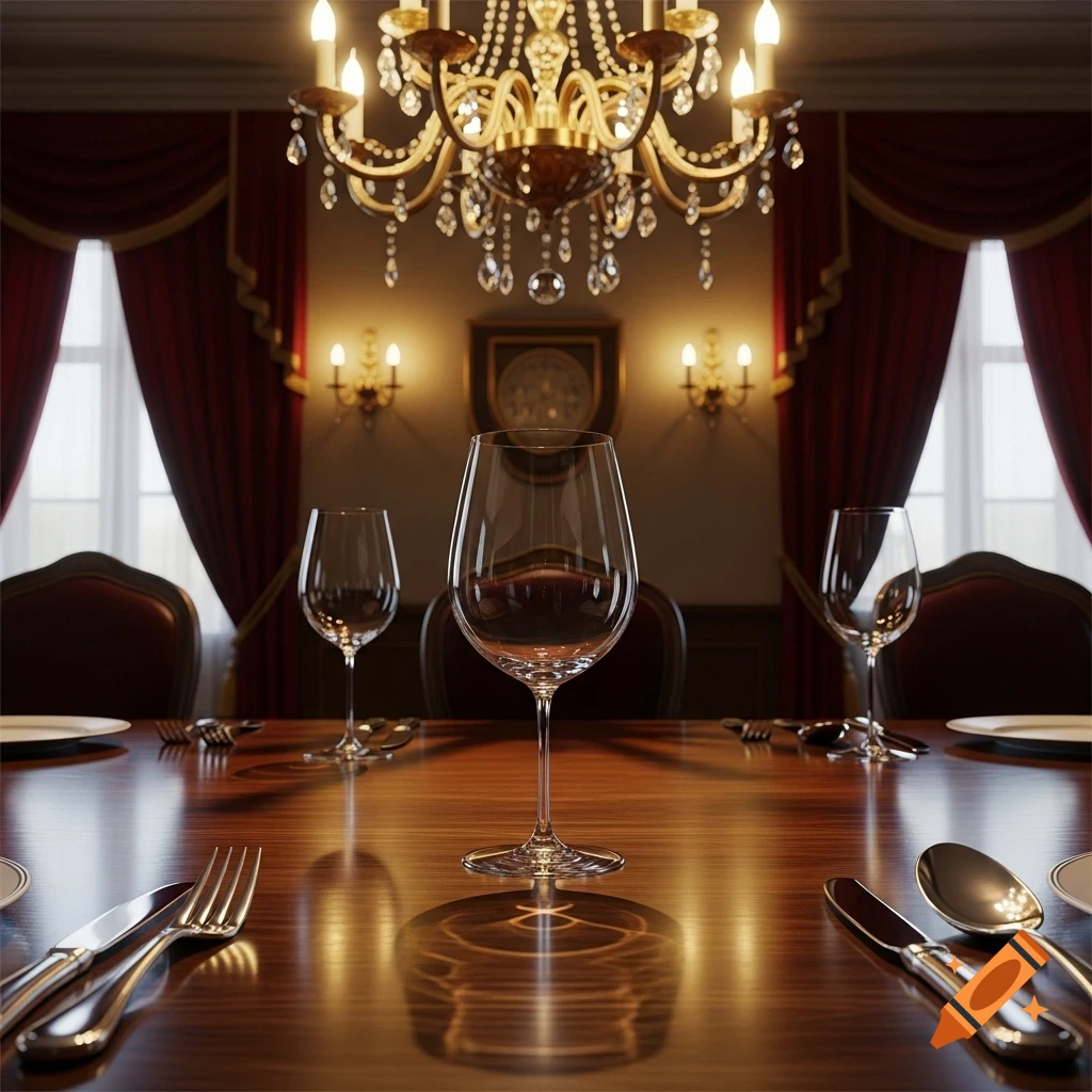 A photorealistic formal dining table set with empty wine glasses and cutlery, reflecting a grand chandelier and red curtains.