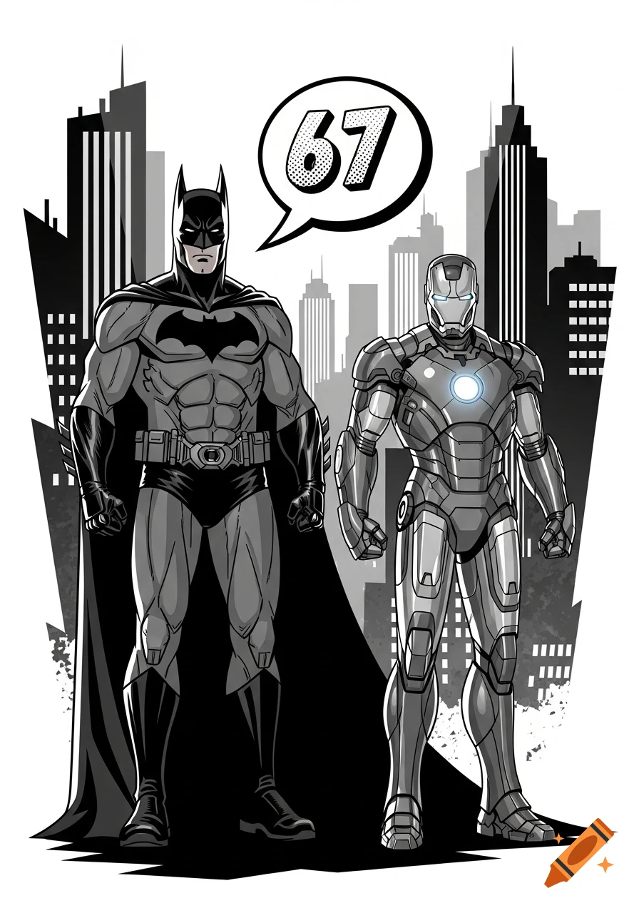 Batman and Iron Man stand side-by-side in a black and white comic book style against a city skyline, with '67' in a speech bubble.