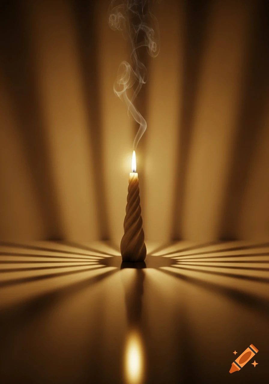 A twisted candle glows brightly, casting radial shadows and light rays across a reflective surface, with smoke curling upwards.
