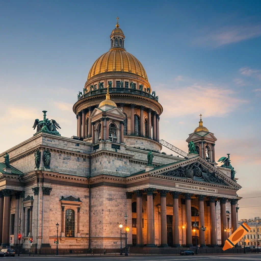 A grand stone cathedral with a golden dome under a twilight sky, featuring ornate details and columns.