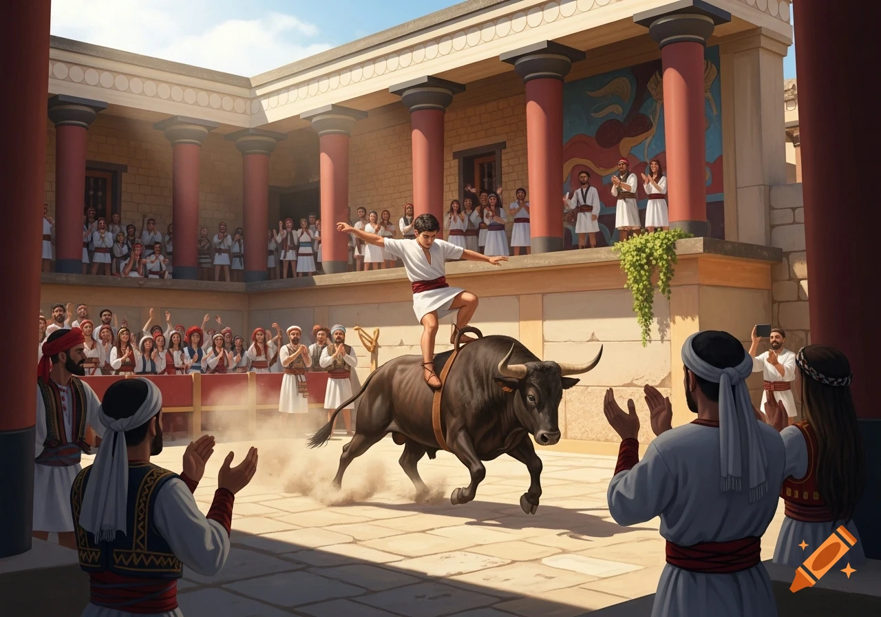 A young man performs bull-leaping, balancing on the back of a black bull in a sunlit courtyard of a classical palace, surrounded by a cheering crowd.
