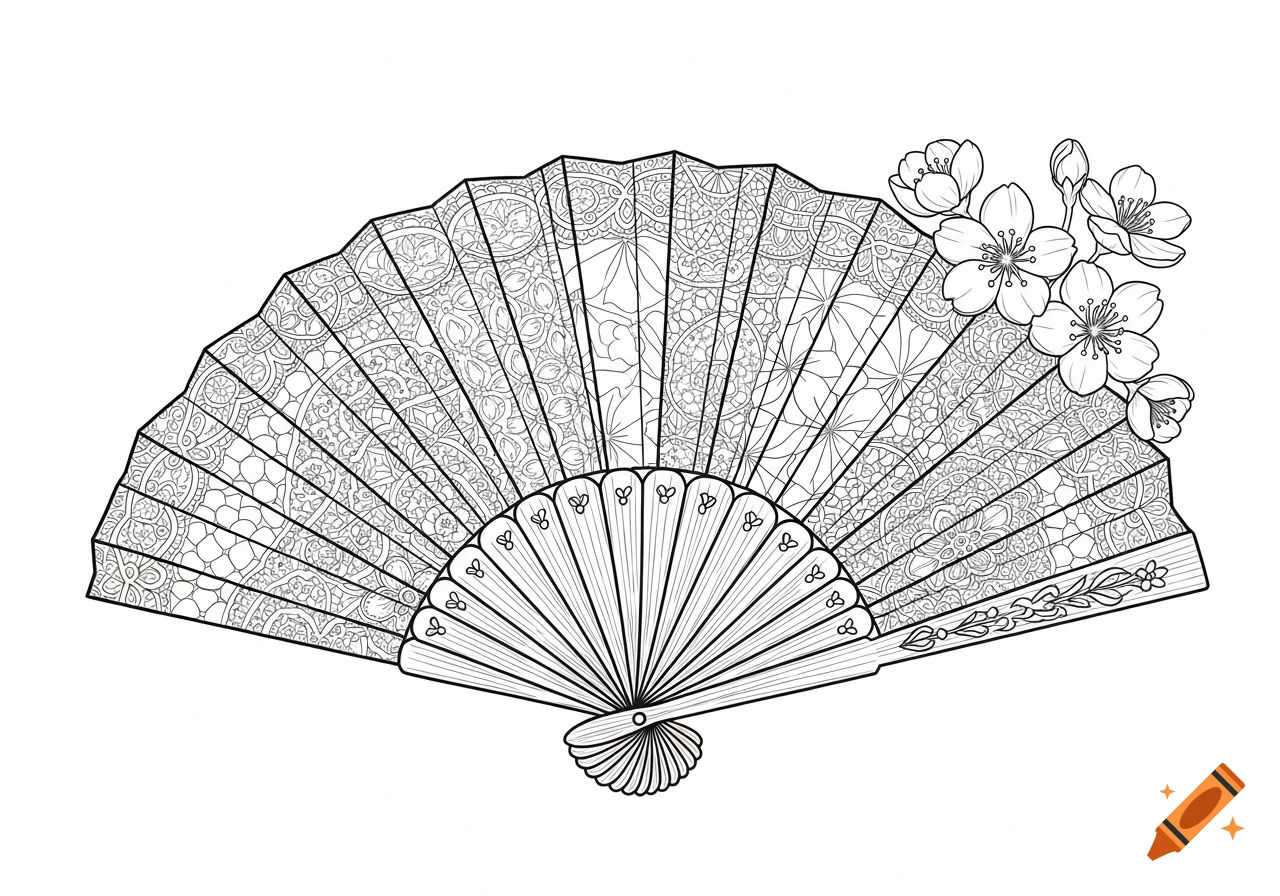 Line art of a traditional Japanese fan with intricate lace patterns and a cluster of cherry blossoms.