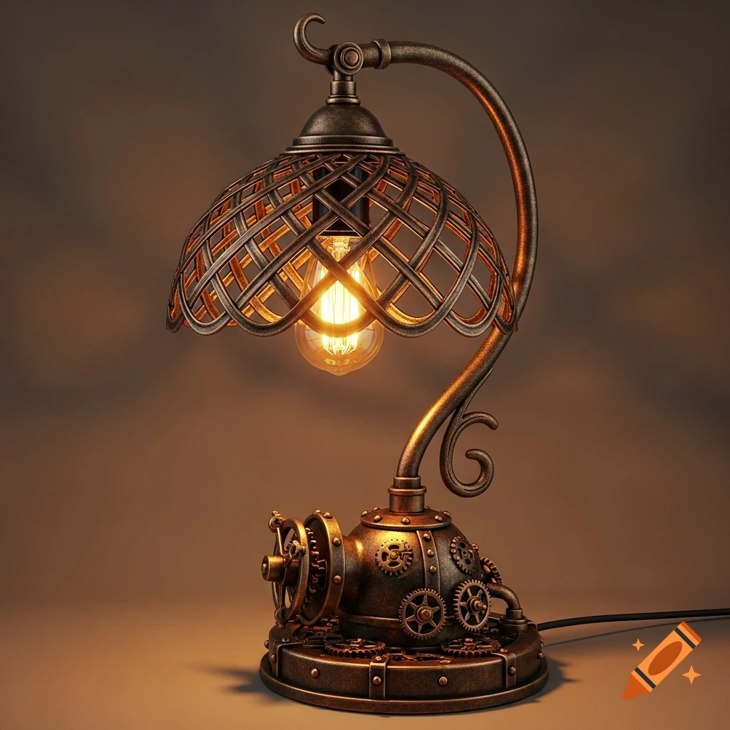 Steampunk table lamp with a glowing bulb under a decorative metal shade and a mechanical gear-covered base.