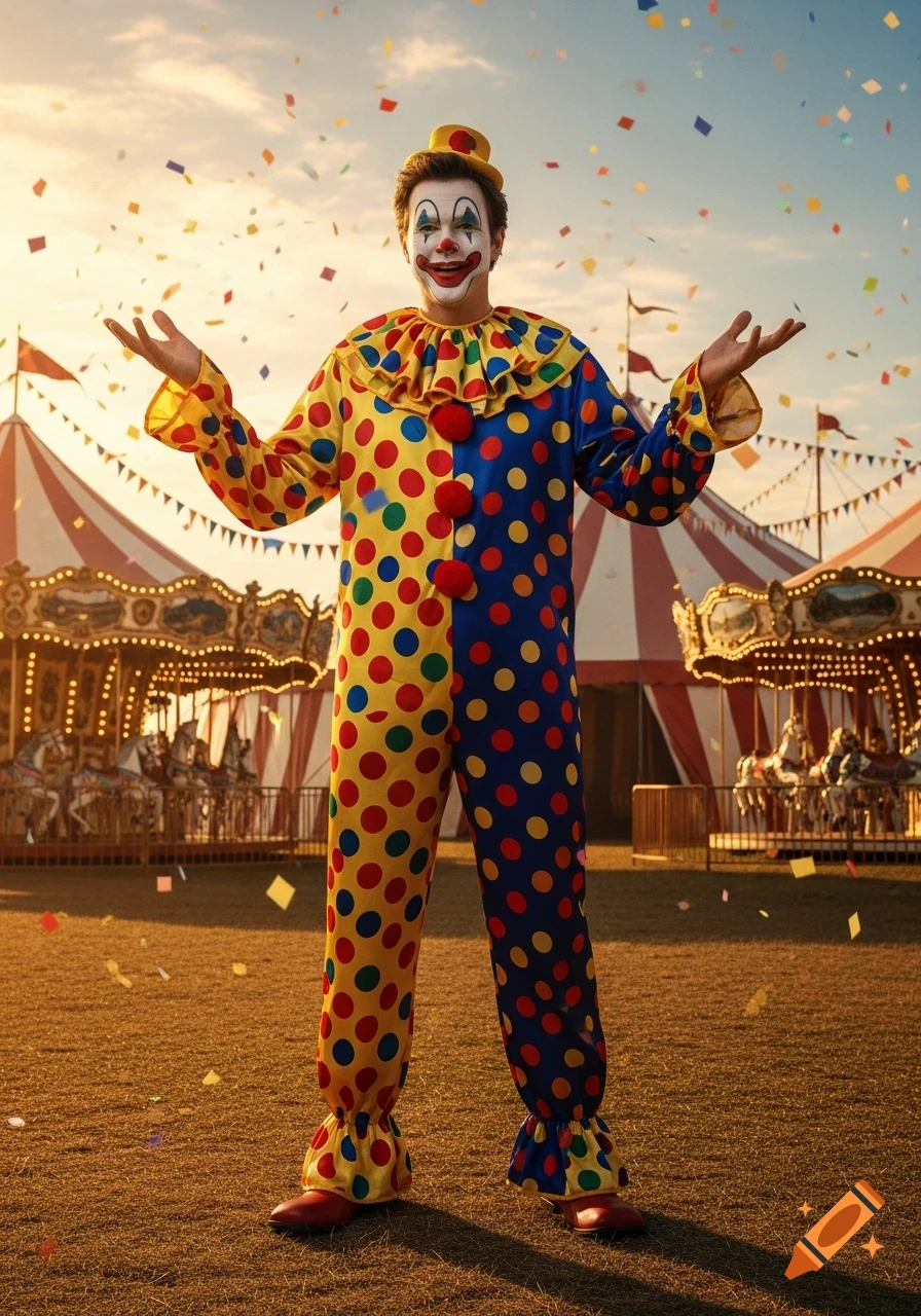 A man in a colorful polka-dotted clown suit, with a painted face and yellow hat, stands with open arms amidst confetti at a sunny carnival.