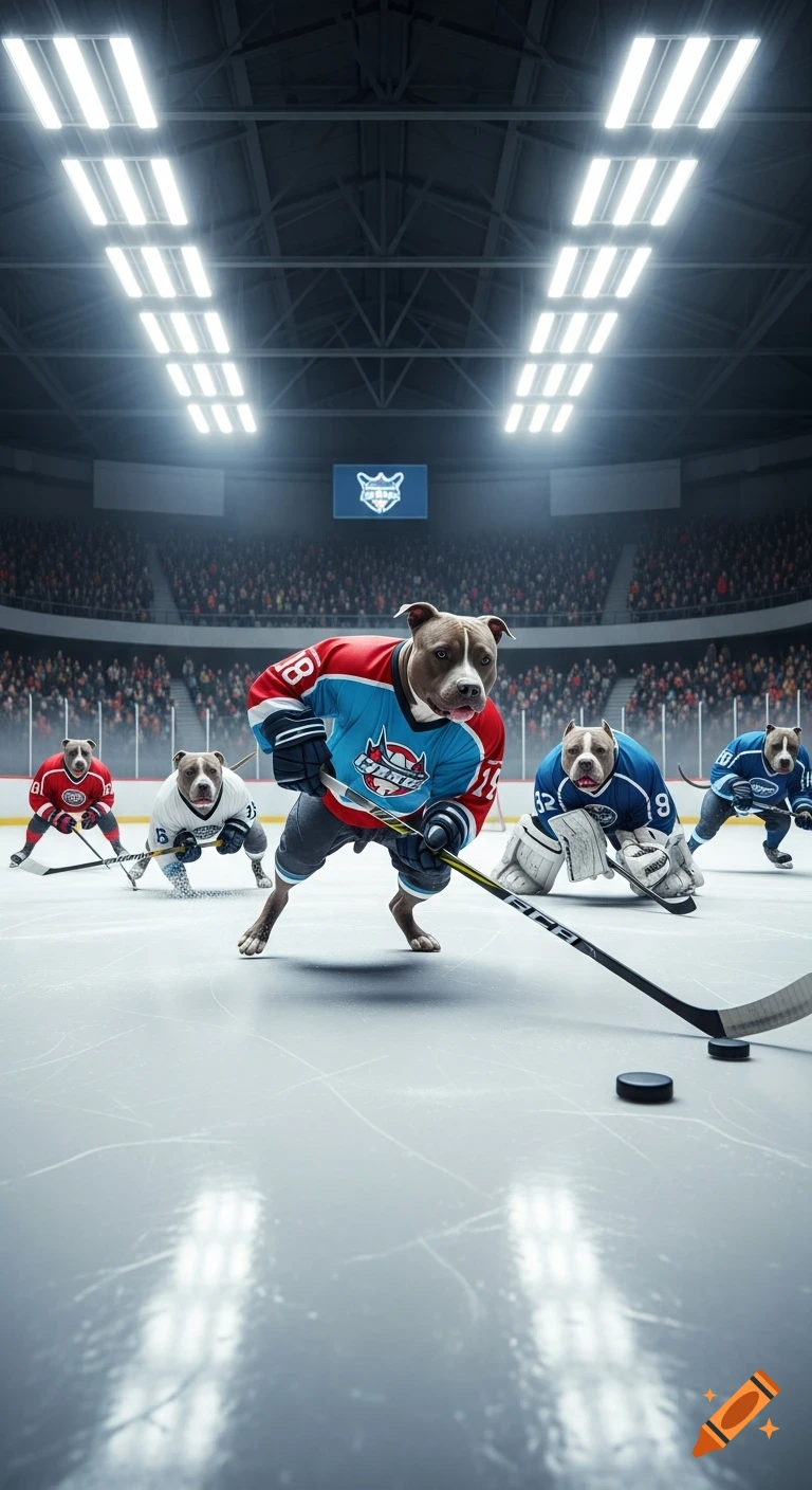 Photorealistic image of several pit bull dogs playing ice hockey in a stadium rink, one dog dribbling a puck in the foreground.